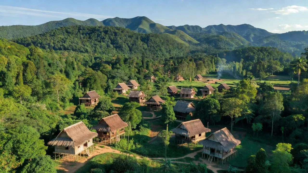 Khung cảnh huyện Ia Grai tỉnh Gia Lai với đồi núi xanh tươi và nhà nông truyền thống.
