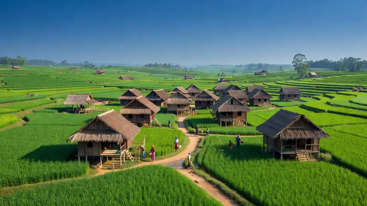 Cảnh quan Xã Ia Bă, huyện Ia Grai, tỉnh Gia Lai với đồng lúa xanh tươi và nhà truyền thống.
