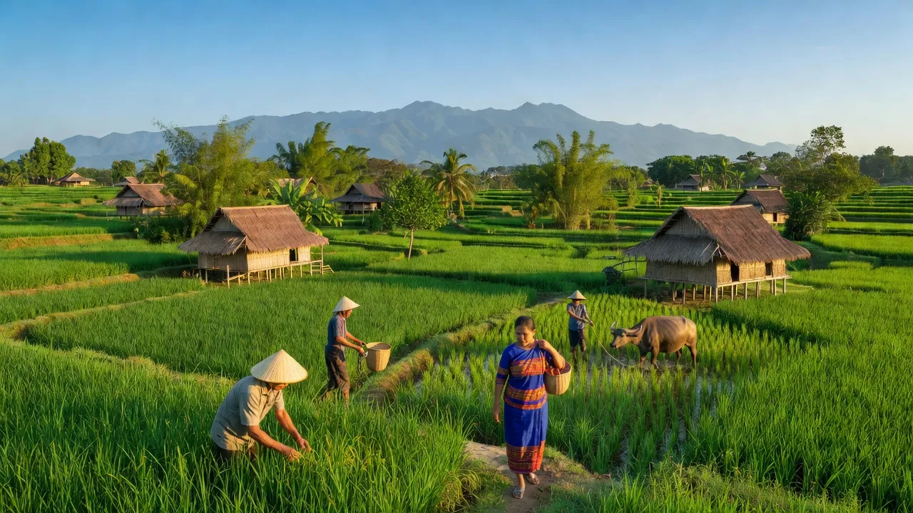 Quang cảnh Xã Ia Chia, huyện Ia Grai, tỉnh Gia Lai với núi non xanh tươi và kiến trúc truyền thống.