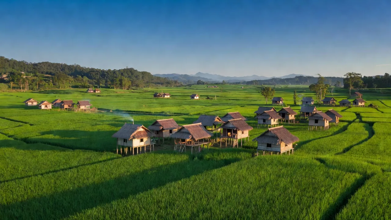 Quang cảnh làng Ia Dêr, huyện Ia Grai, tỉnh Gia Lai với đồng xanh và nhà truyền thống.