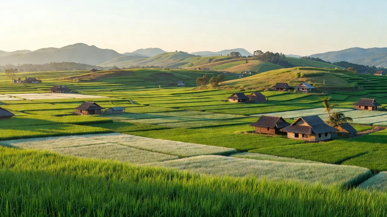 Khung cảnh yên bình của xã Ia Hrung, huyện Ia Grai, tỉnh Gia Lai với cánh đồng và đồi núi.