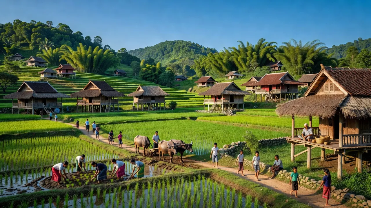 Thị trấn Ia Kha, huyện Ia Grai, tỉnh Gia Lai, với cảnh đồng xanh và kiến trúc truyền thống.