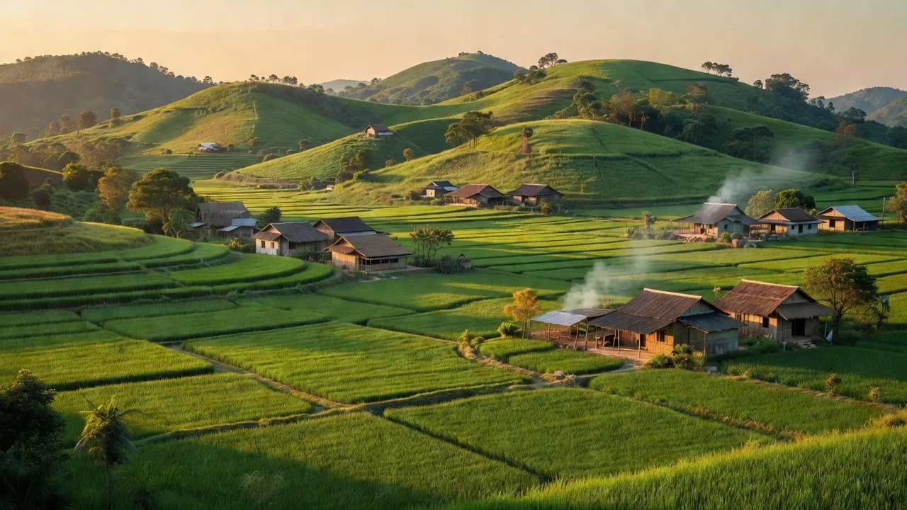 Khung cảnh xã Ia Khai, huyện Ia Grai, tỉnh Gia Lai với đồi núi và ruộng đồng xanh tươi.