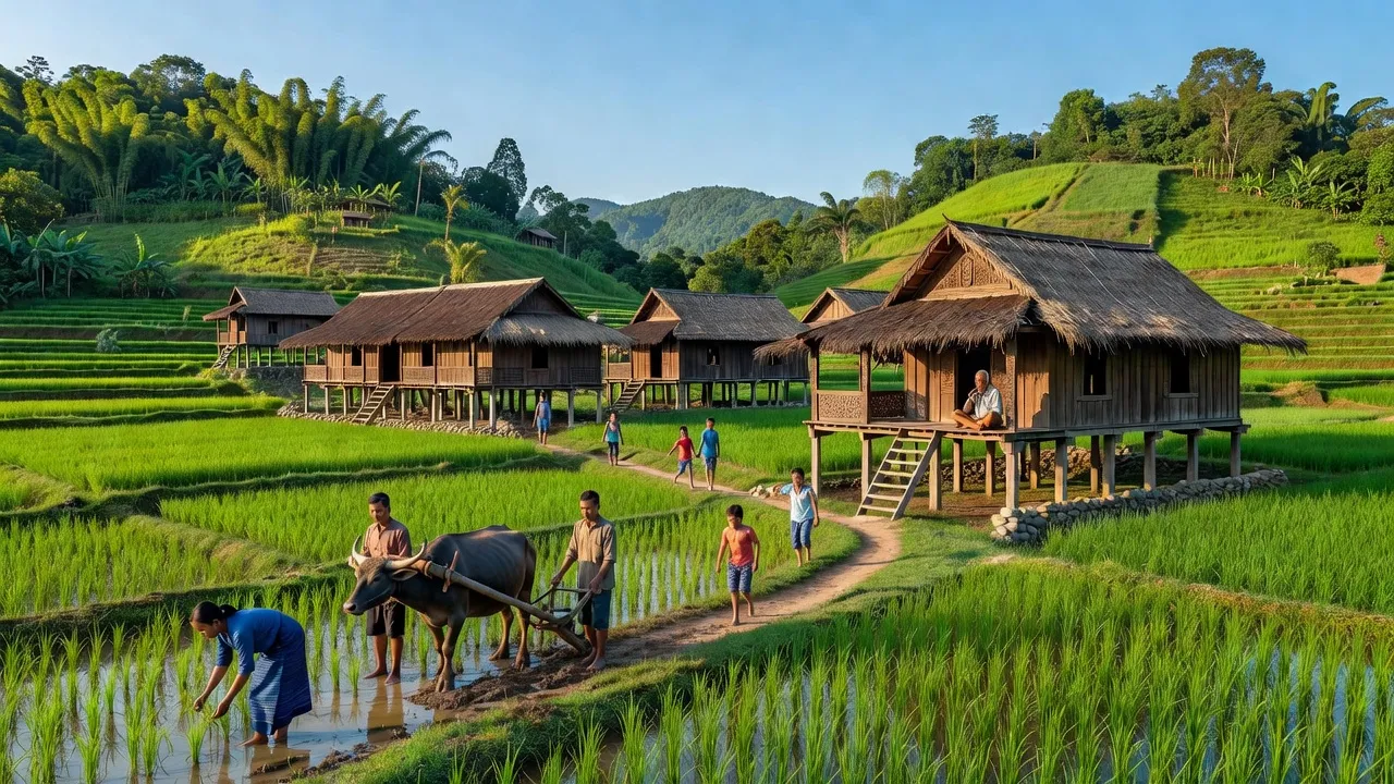 Khung cảnh yên bình xã Ia Pếch, huyện Ia Grai, Gia Lai với nhà sàn và ruộng xanh.