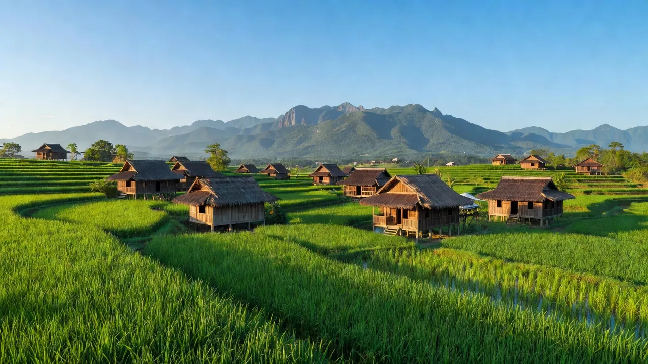 Cảnh đẹp xã Ia Sao, huyện Ia Grai, tỉnh Gia Lai với cánh đồng xanh và nhà gỗ truyền thống.
