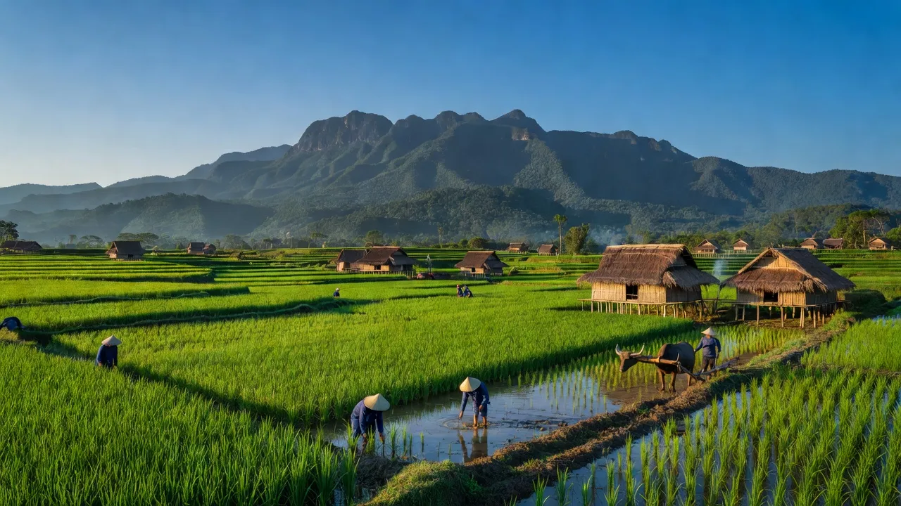Cảnh đẹp xã Ia Sao, huyện Ia Grai, tỉnh Gia Lai với ruộng bậc thang và núi non hùng vĩ.