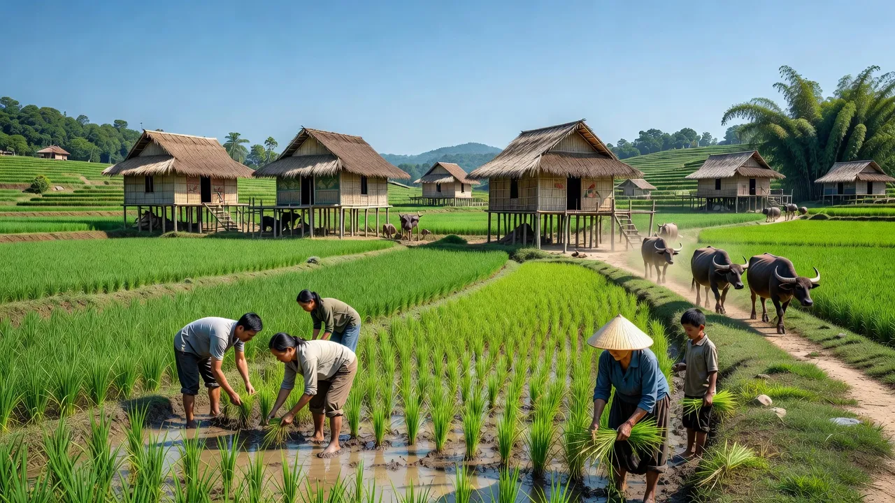 Cảnh quan xã Ia Tô, huyện Ia Grai, Gia Lai với cánh đồng xanh và cuộc sống nông thôn.