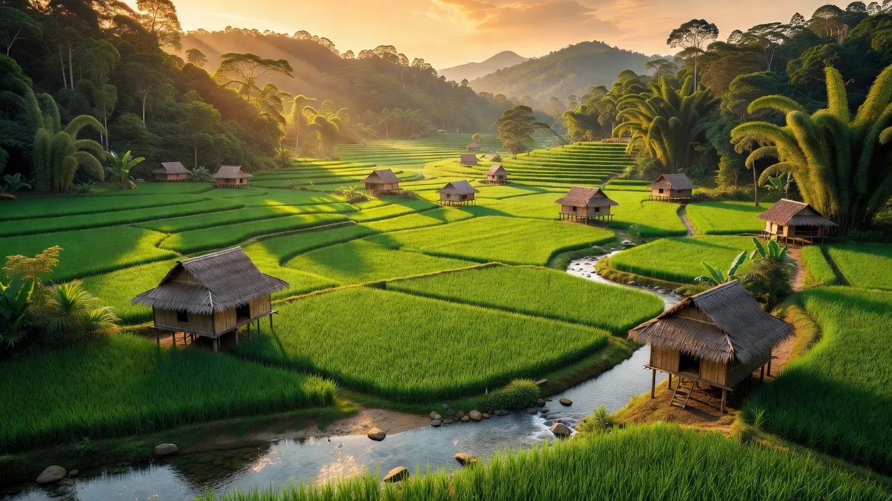 Cảnh quan huyện Ia Pa, Gia Lai với đồng cỏ, rừng cây và nhà truyền thống của người dân tộc.