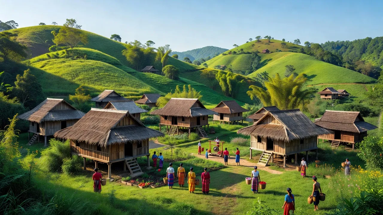 Khung cảnh đẹp của xã Chư Mố, huyện Ia Pa, tỉnh Gia Lai với đồi xanh và nhà truyền thống.