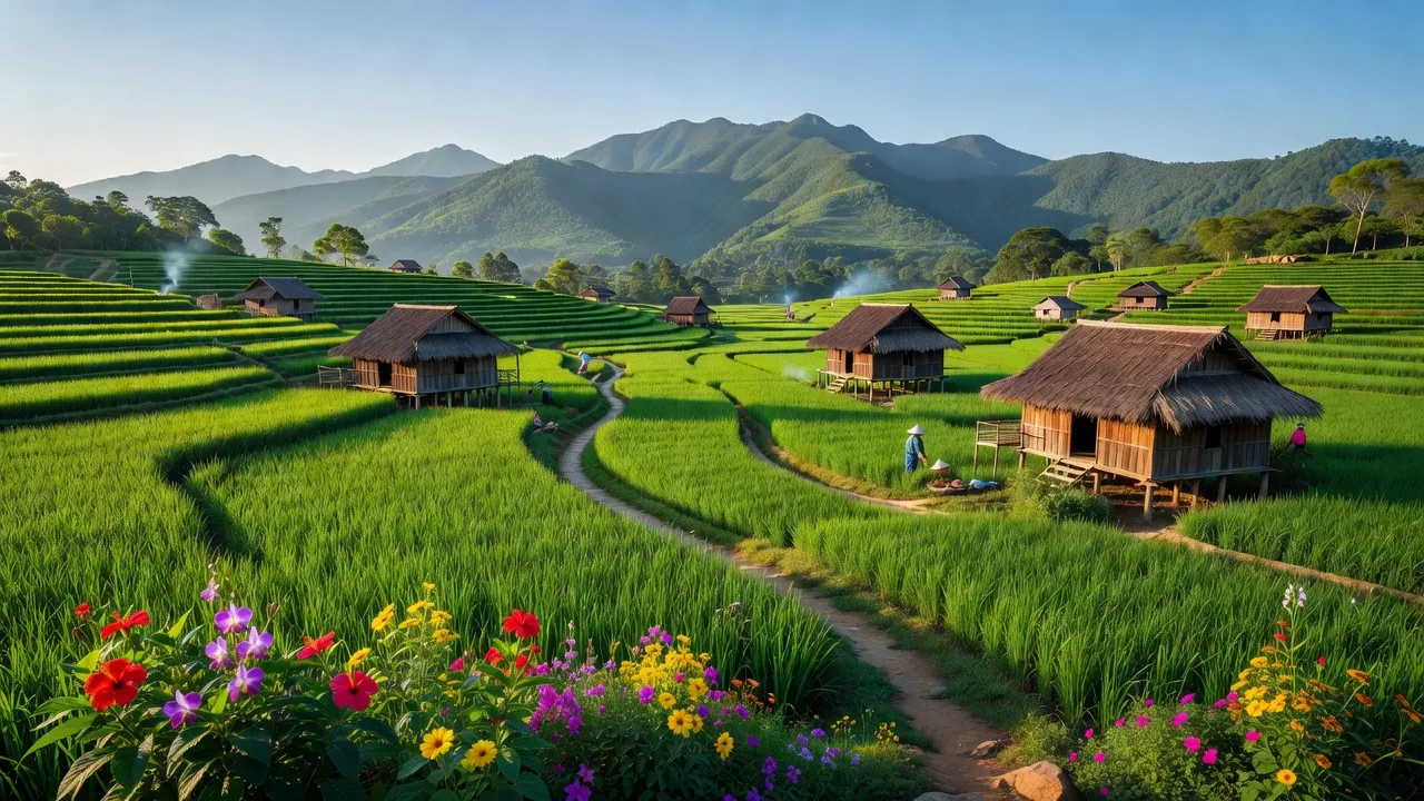 Khung cảnh yên bình xã Chư Răng, huyện Ia Pa, tỉnh Gia Lai với ruộng bậc thang.