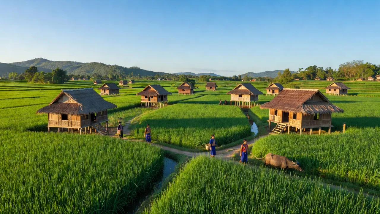 Cảnh quan xã Ia Broăi, huyện Ia Pa, tỉnh Gia Lai với đồng xanh và nhà gỗ truyền thống.