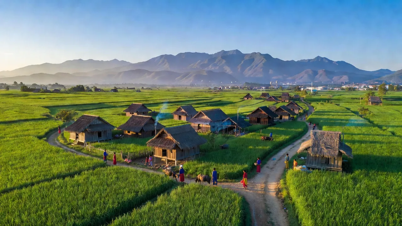 Khung cảnh rộng lớn của xã Ia Broăi, huyện Ia Pa, tỉnh Gia Lai với cánh đồng xanh mướt và nhà gỗ truyền thống.