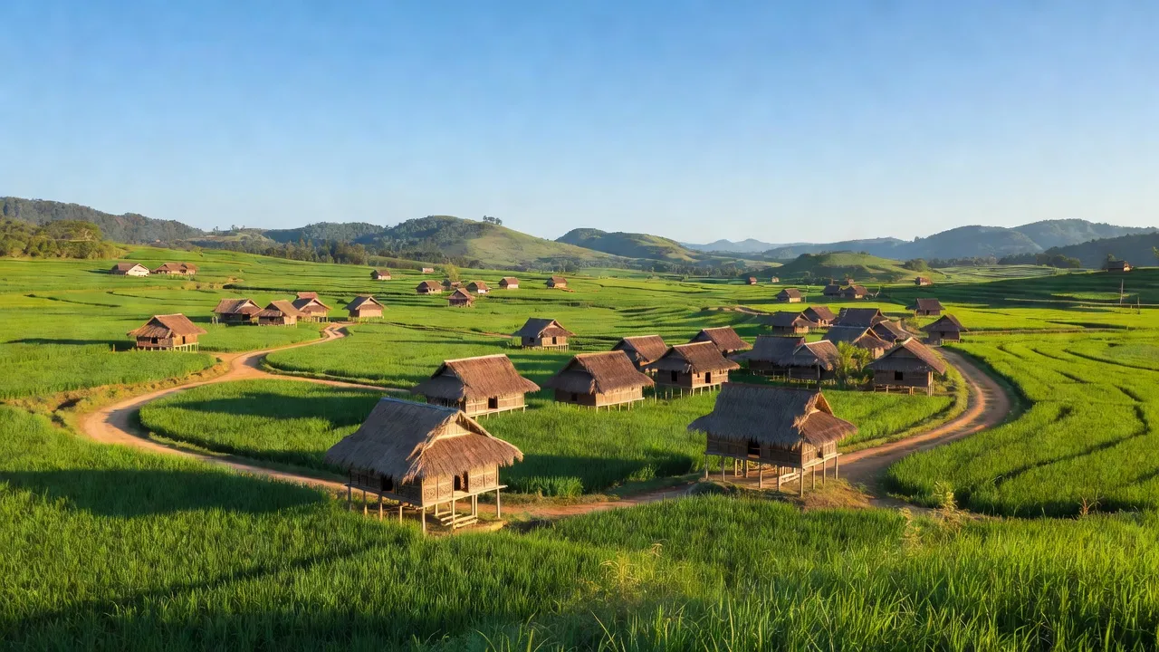 Khung cảnh làng Ia KDăm, huyện Ia Pa, tỉnh Gia Lai với cánh đồng xanh mướt và nhà truyền thống.