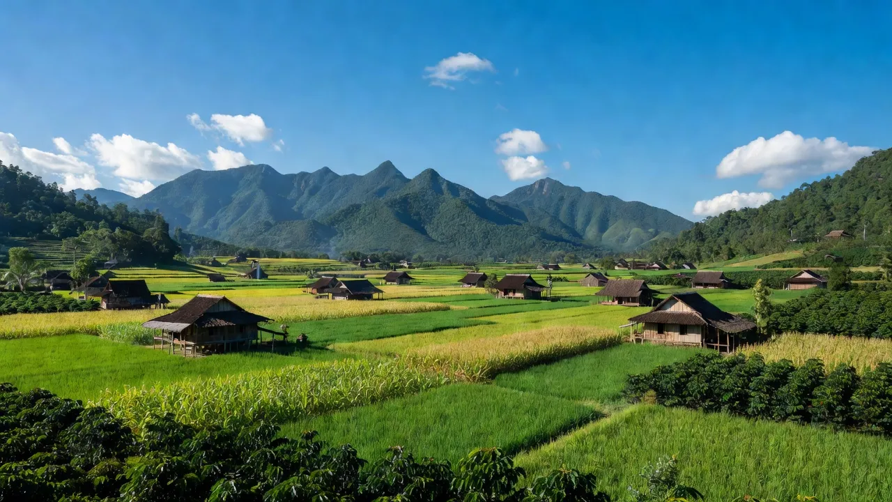 Khung cảnh xã Ia KDăm, huyện Ia Pa, Gia Lai, với cánh đồng xanh tươi và núi non hùng vĩ.