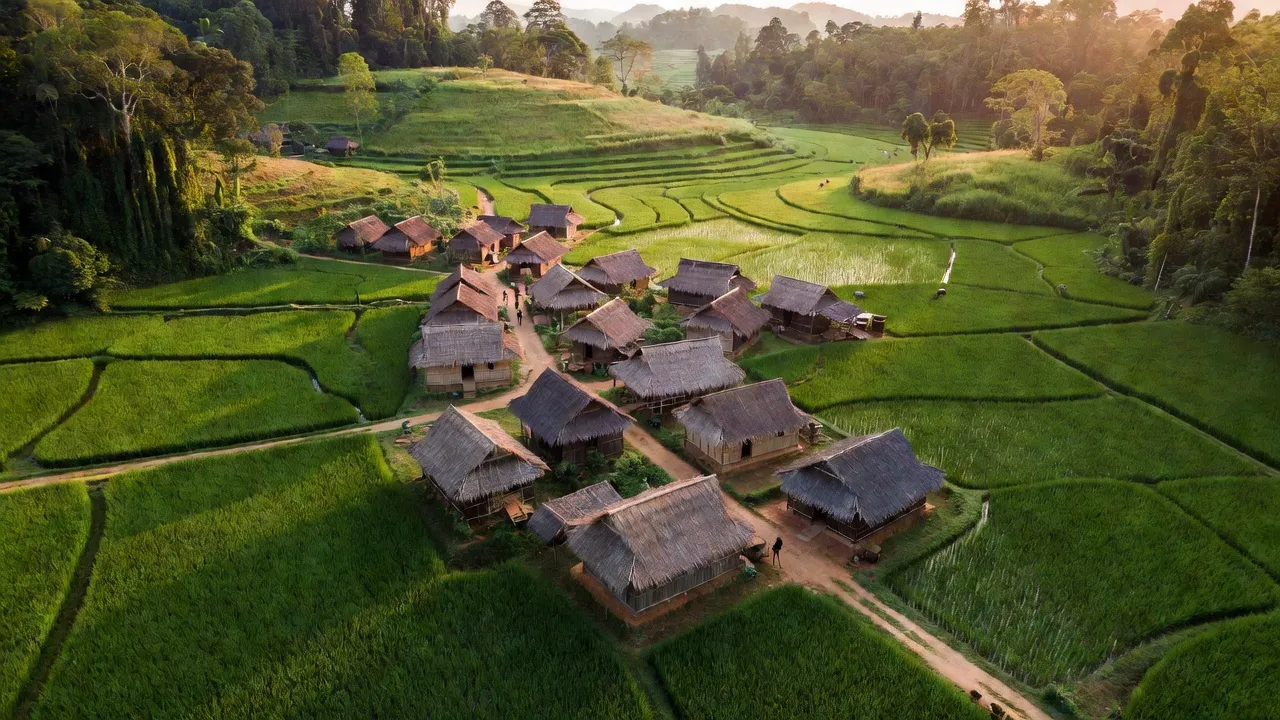 Khung cảnh thôn Ia Trok, huyện Ia Pa, tỉnh Gia Lai với cánh đồng xanh và nhà truyền thống.
