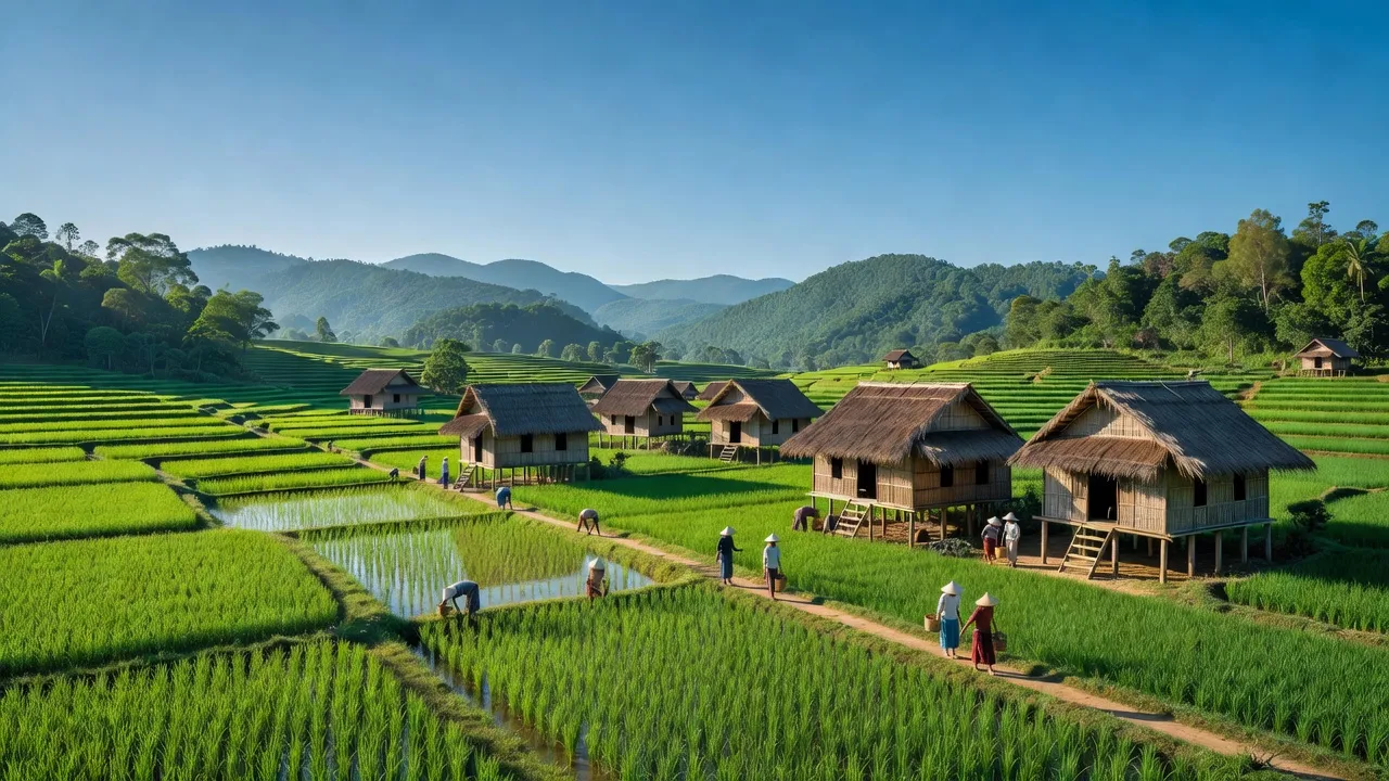 Khung cảnh tươi đẹp ở xã Ia Trok, huyện Ia Pa, tỉnh Gia Lai với nhà truyền thống và cánh đồng lúa.