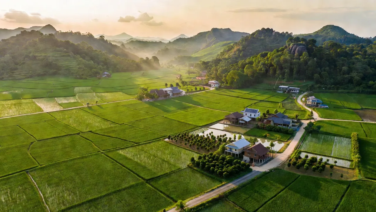 Cảnh quan xã Kim Tân, huyện Ia Pa, tỉnh Gia Lai với cánh đồng xanh và đồi núi.