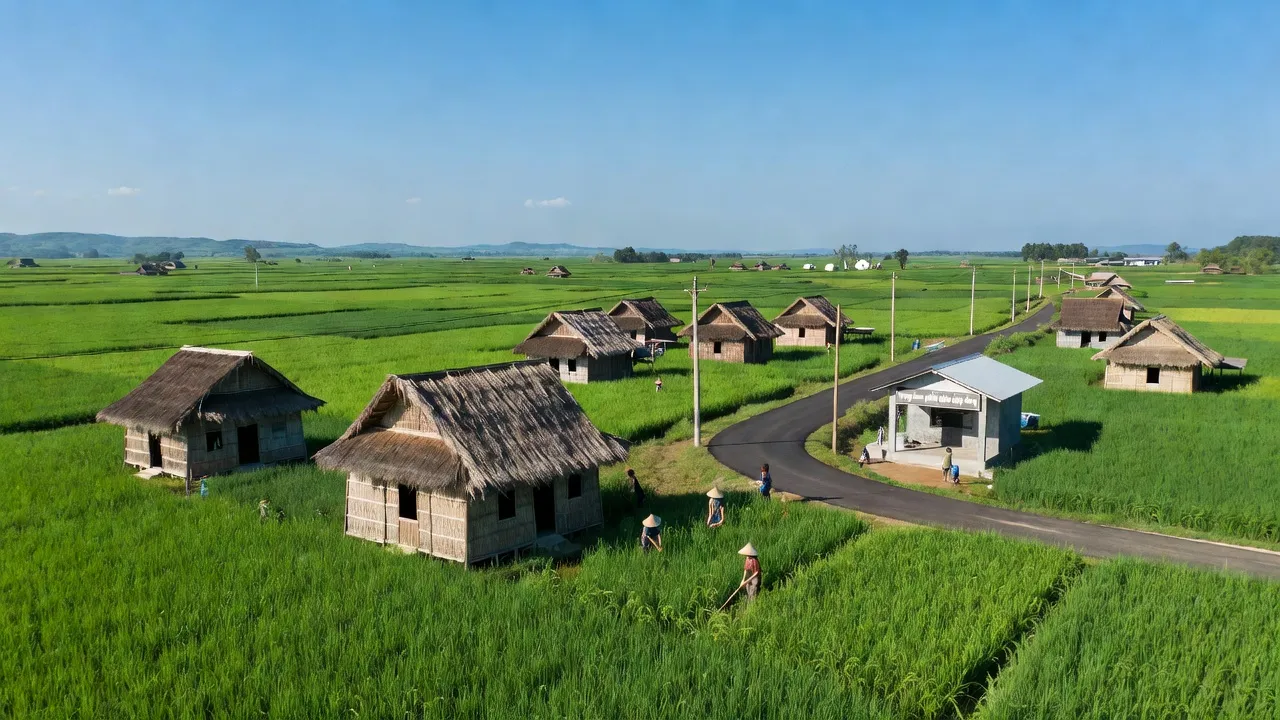 Khung cảnh Xã Kim Tân, Huyện Ia Pa, Tỉnh Gia Lai với ruộng xanh và nhà truyền thống.