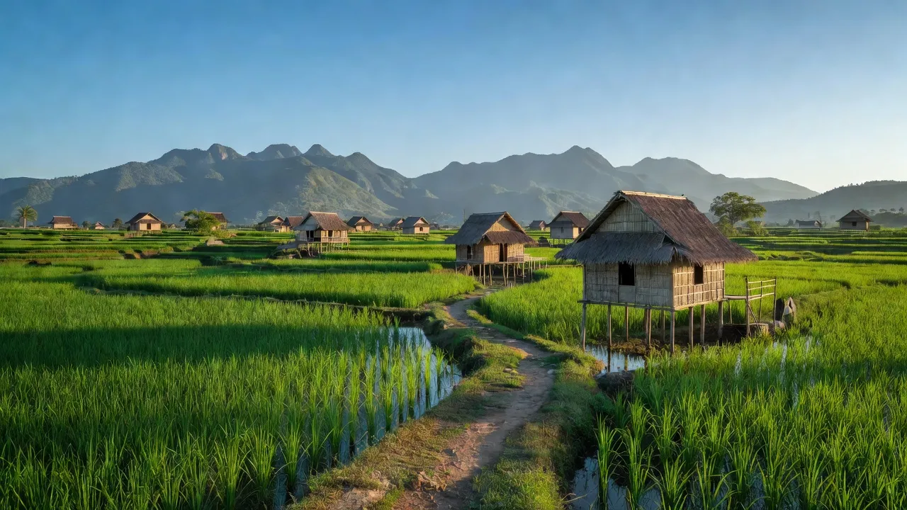 Cảnh đẹp Xã Pờ Tó, huyện Ia Pa, tỉnh Gia Lai với đồng xanh và núi đồi.