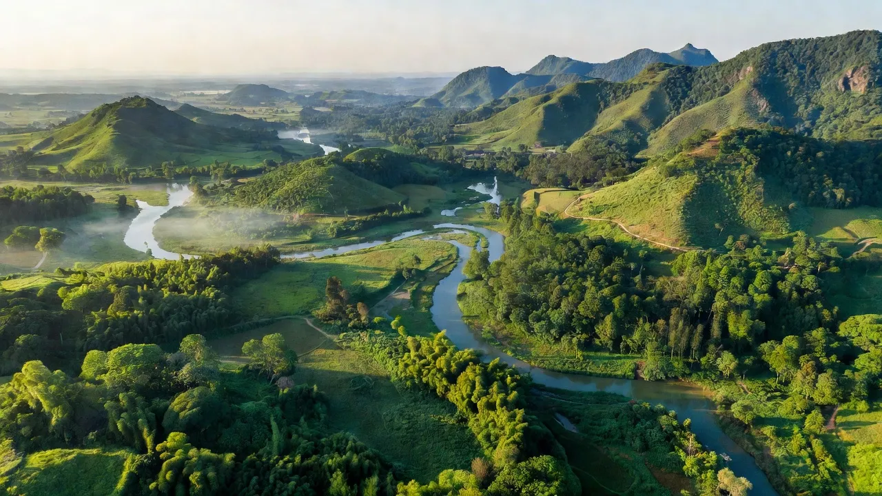 Cảnh đẹp huyện KBang, Gia Lai với rừng núi và dòng sông, thể hiện tiềm năng phát triển.