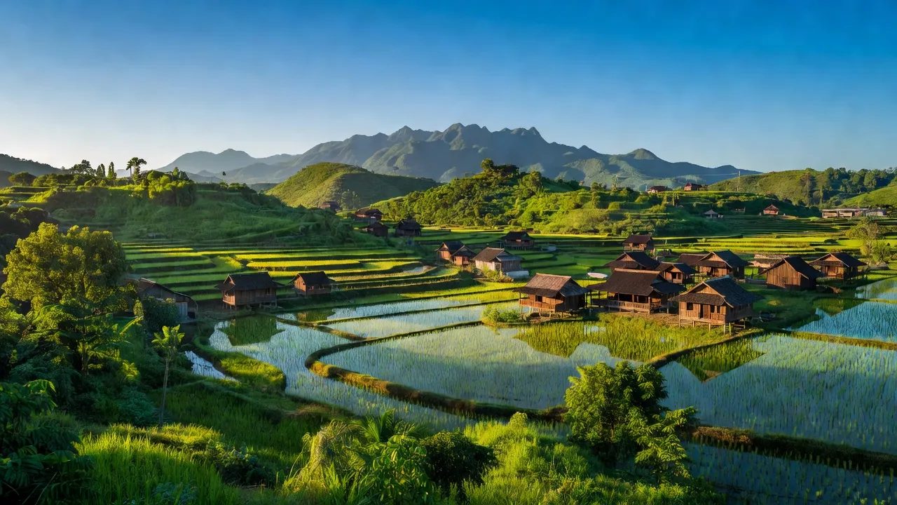 Khung cảnh huyện KBang, Gia Lai với đồi núi xanh tươi và cánh đồng lúa, bầu trời trong trẻo.