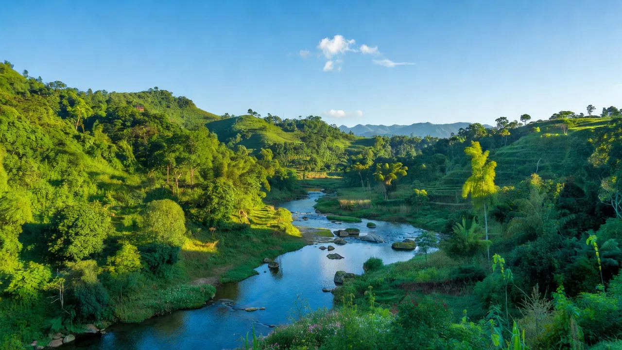 Khung cảnh thiên nhiên tươi đẹp tại xã Đăk Roong, huyện KBang, tỉnh Gia Lai, với rừng xanh và sông.