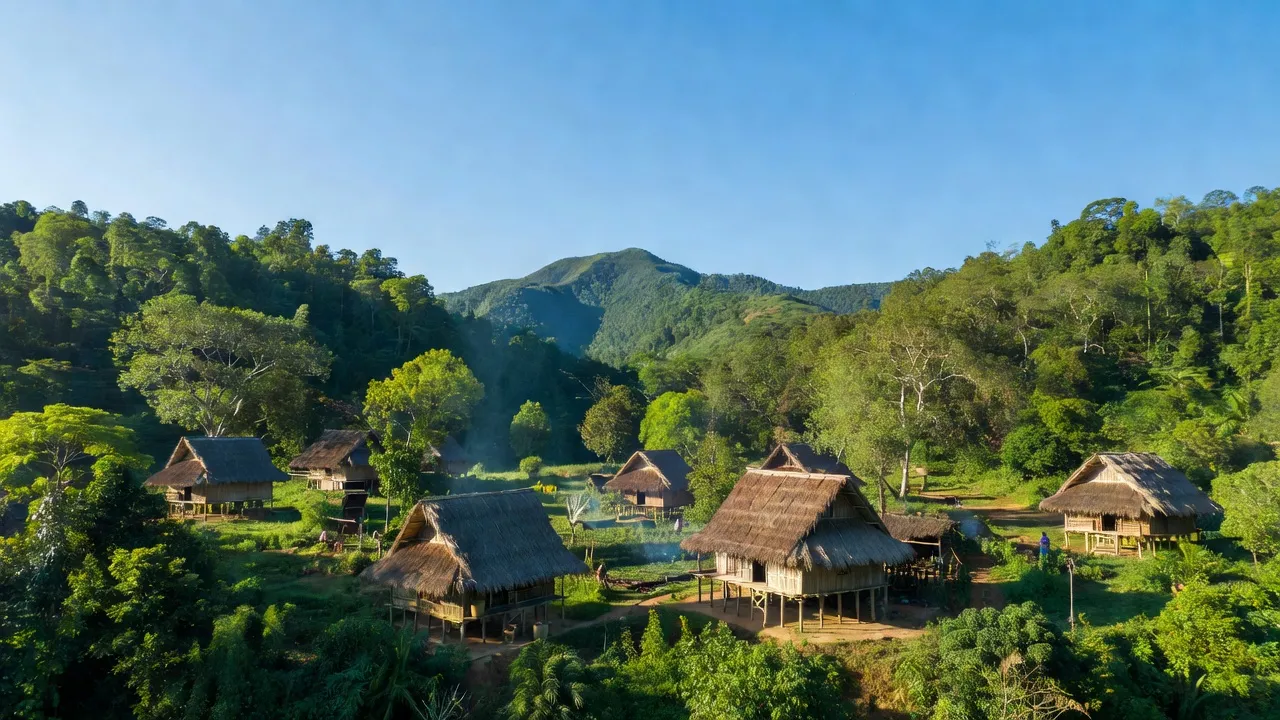 Cảnh đẹp xã Kon Pne, huyện KBang, tỉnh Gia Lai với rừng xanh và nhà Bahnar truyền thống.
