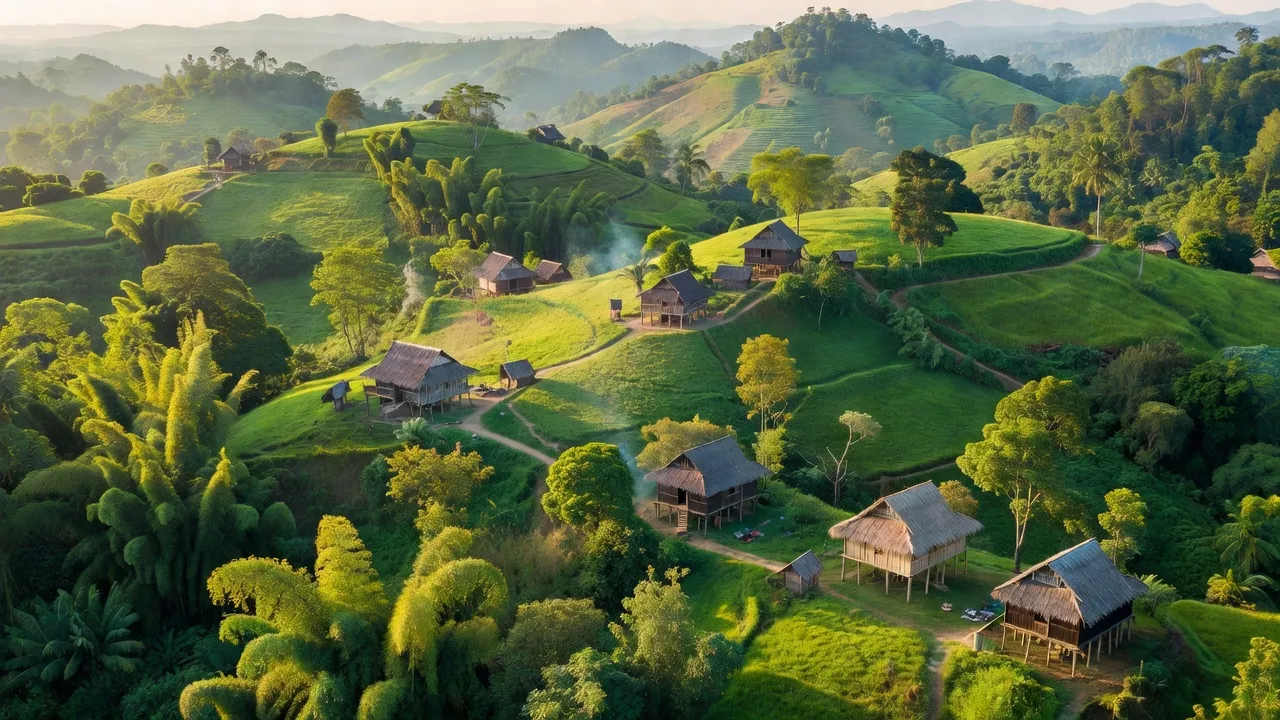 Xã Kon Pne, huyện KBang, tỉnh Gia Lai, với cảnh đẹp của làng Bahnar trong thiên nhiên tươi đẹp.