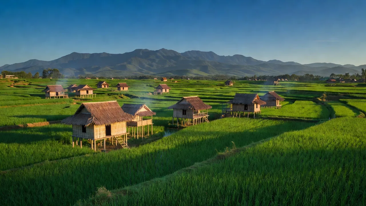 Khung cảnh tuyệt đẹp xã Kông Bơ La, huyện KBang, tỉnh Gia Lai với cánh đồng xanh và nhà gỗ.