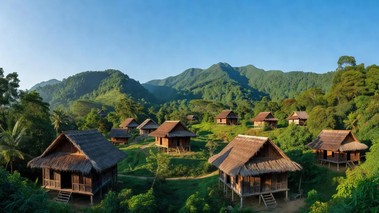 Cảnh đẹp Xã Krong, Huyện Kbang, Tỉnh Gia Lai với núi xanh và nhà gỗ truyền thống.