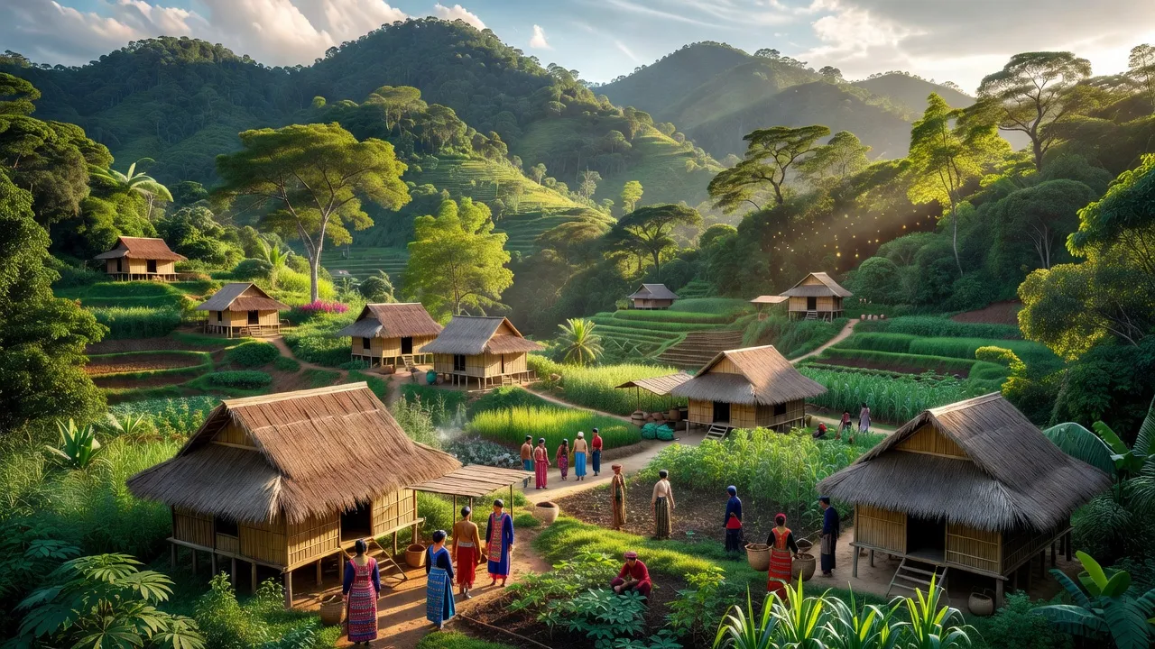 Khung cảnh xã Lơ Ku, huyện KBang, tỉnh Gia Lai với đồi núi xanh tươi và nhà truyền thống.
