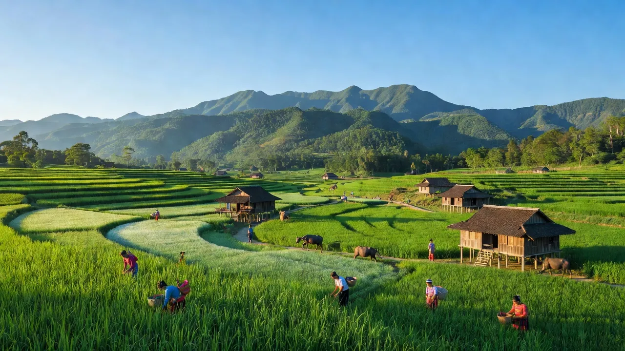 Phong cảnh xã Lơ Ku, huyện KBang, tỉnh Gia Lai, dãy núi và cánh đồng tươi tốt.