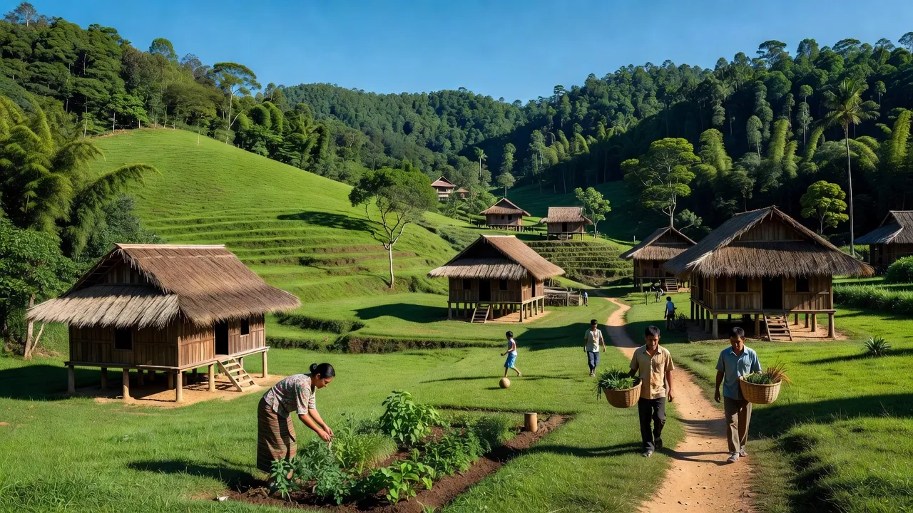 Cảnh sắc xã Nghĩa An, huyện KBang, tỉnh Gia Lai với rừng xanh và nhà truyền thống.