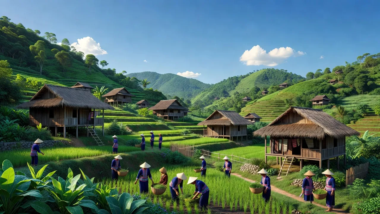Khung cảnh Xã Sơ Pai, huyện KBang, tỉnh Gia Lai với cảnh quan đồi núi, nhà truyền thống và bầu trời xanh.