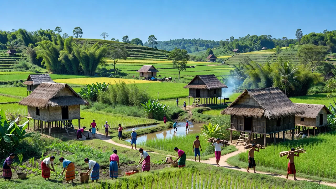 Khung cảnh Sơn Lang, huyện KBang, tỉnh Gia Lai, với nhà truyền thống và cây cối xanh tươi.