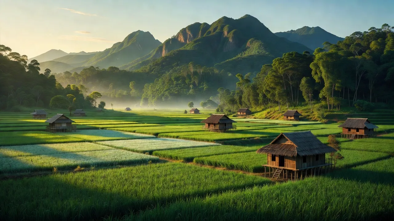 Phong cảnh xanh tươi xã Sơn Lang, huyện KBang, tỉnh Gia Lai với rừng núi và nhà truyền thống.