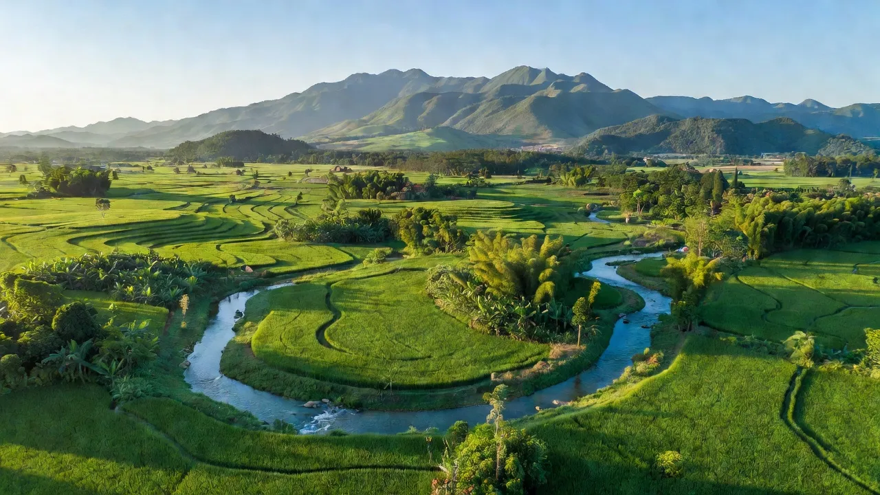 Khung cảnh thiên nhiên Xã Tơ Tung, Huyện Kbang, tỉnh Gia Lai với ruộng xanh và dòng suối thanh bình.