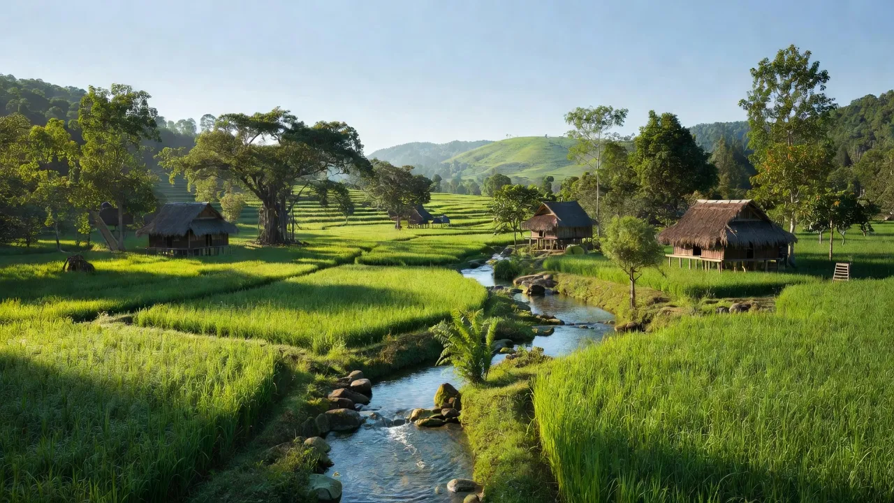 Xã Tơ Tung, huyện Kbang, tỉnh Gia Lai with lush green fields and flowing stream, Tây Nguyên landscape.