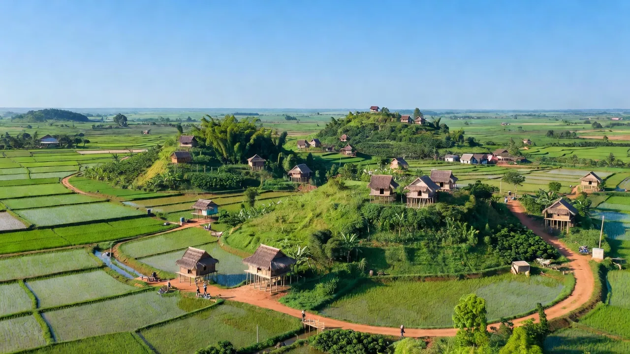 Cảnh đẹp huyện Kông Chro, Gia Lai với cánh đồng lúa và nhà dân, nông nghiệp phát triển.