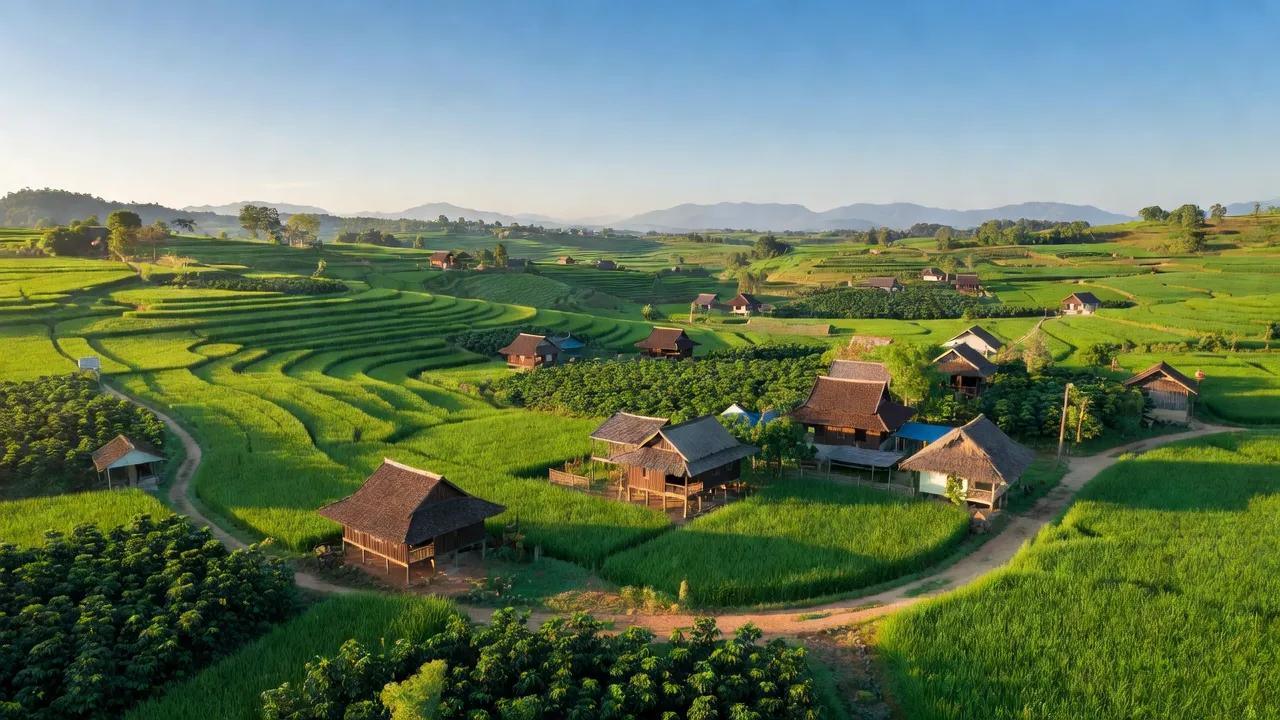 Cảnh đẹp xã An Trung, huyện Kông Chro, tỉnh Gia Lai với cánh đồng xanh và nhà cửa thưa thớt.