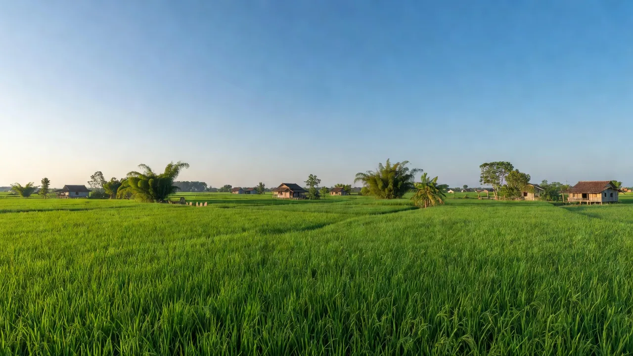 Khung cảnh xã An Trung, huyện Kông Chro, tỉnh Gia Lai với đồng ruộng và nhà cư dân.