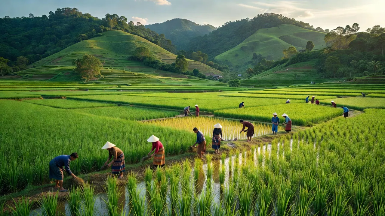 Cảnh đẹp xã Chơ Long huyện Kông Chro tỉnh Gia Lai với cánh đồng lúa và đồi xanh.