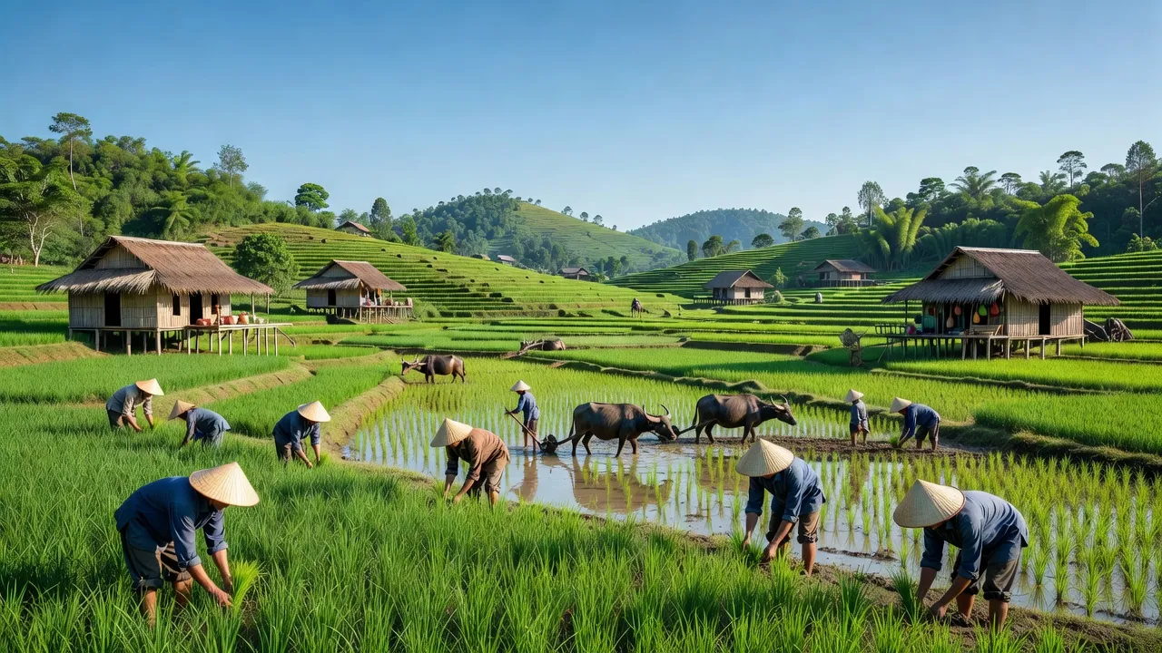 Cảnh đẹp xã Chơ Long, huyện Kông Chro, tỉnh Gia Lai với những cánh đồng lúa xanh tươi.