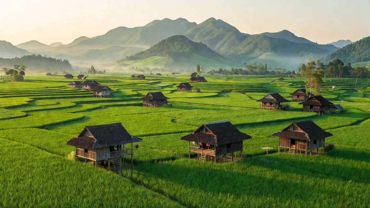 Cảnh đẹp xã Đắk Kơ Ning, huyện Kông Chro, tỉnh Gia Lai với cánh đồng xanh tươi và nhà sàn.