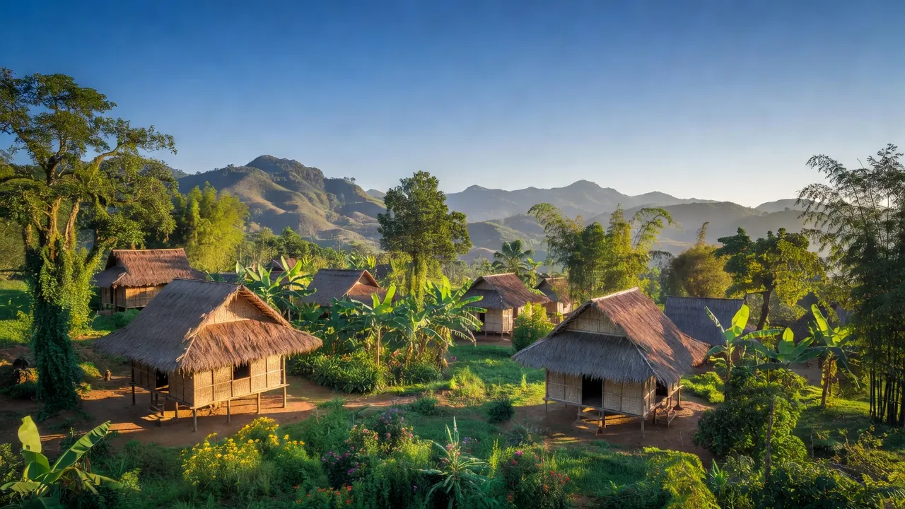 Khung cảnh xã Đăk Pling, huyện Kông Chro, tỉnh Gia Lai với khu vực đồi núi và nhà Bahnar.