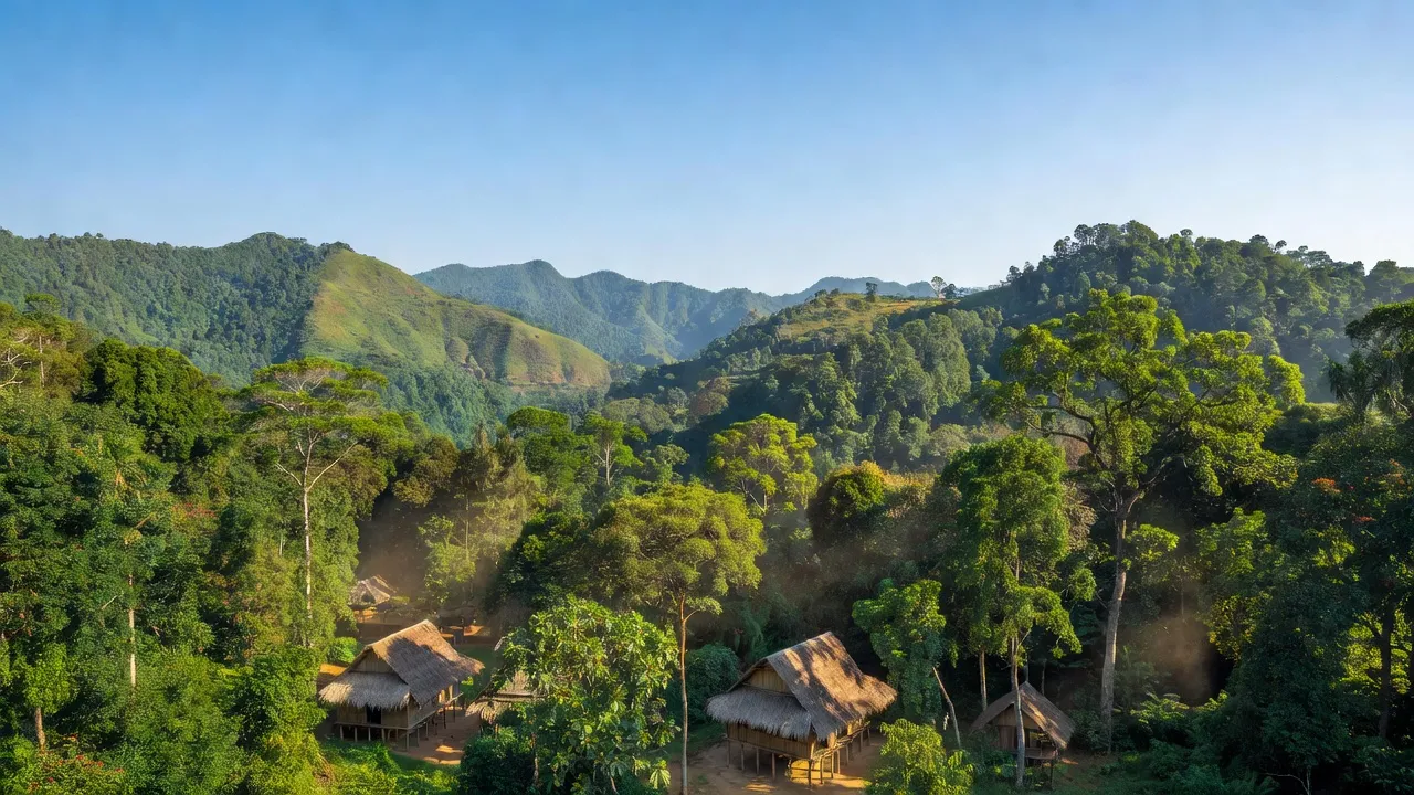 Khung cảnh xã Đăk Pling, huyện Kông Chro, tỉnh Gia Lai với nhà truyền thống và thiên nhiên tuyệt đẹp.