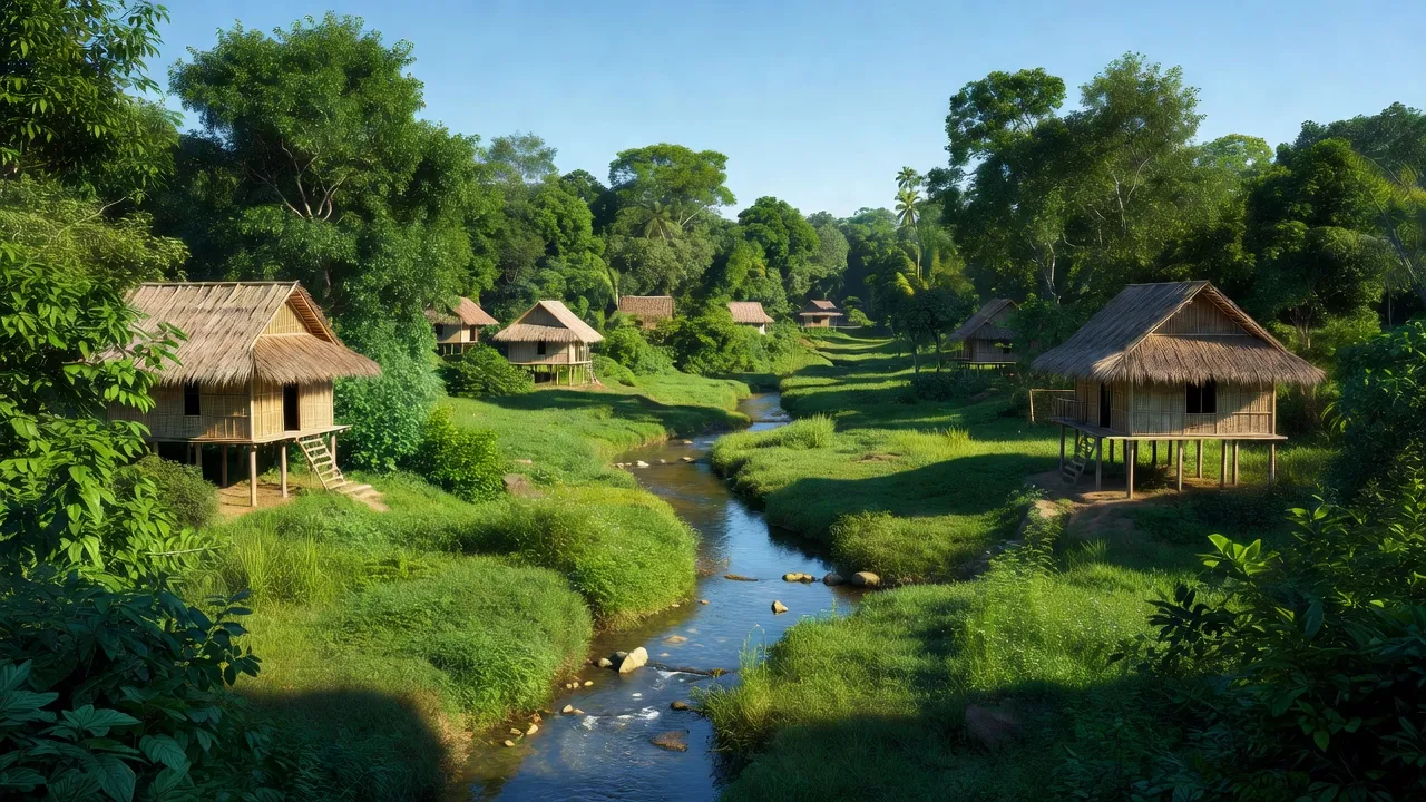 Cảnh Đăk Pơ Pho, Kông Chro, Gia Lai với suối và nhà sàn dân tộc xanh mướt.