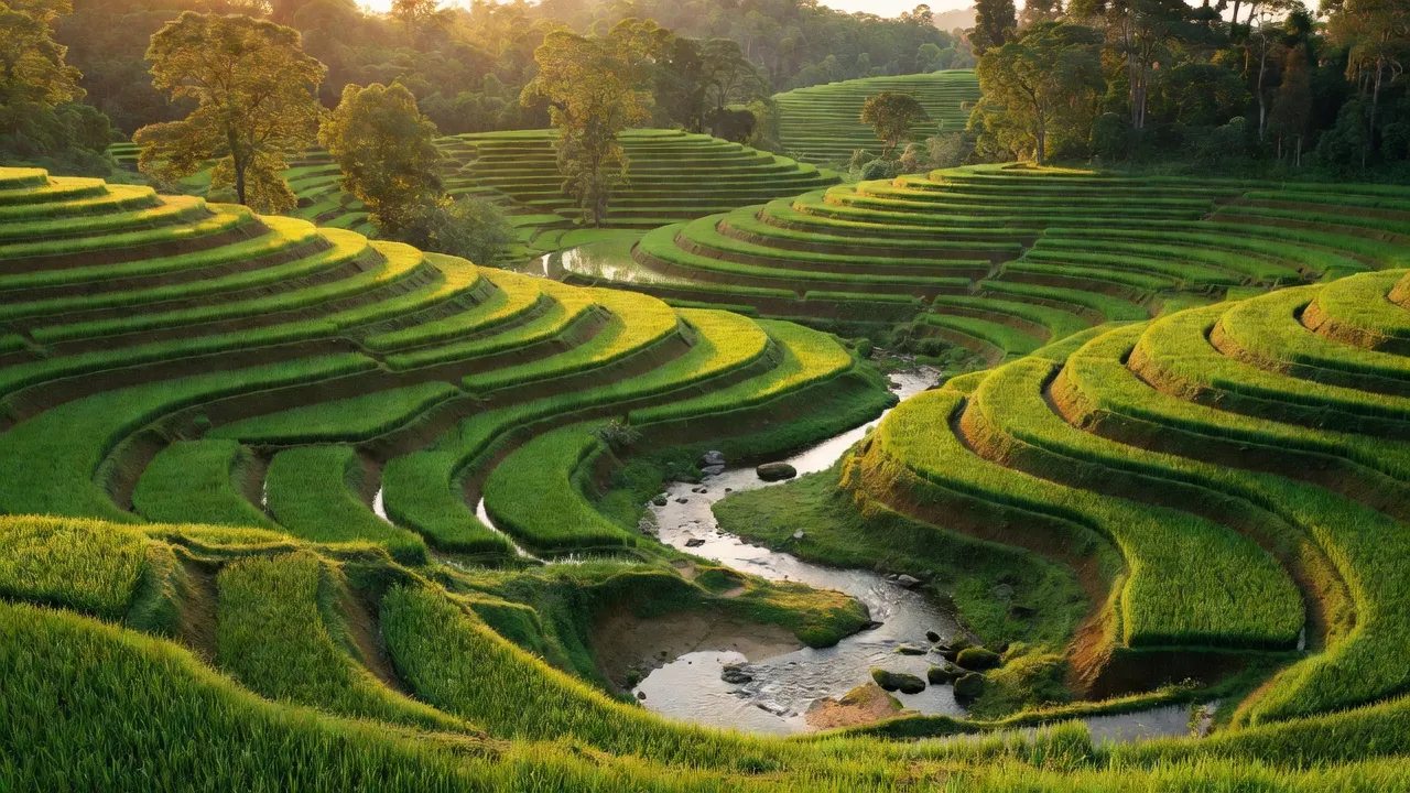 Cảnh sắc thiên nhiên xã Đăk Pơ Pho, huyện Kông Chro, tỉnh Gia Lai với suối và ruộng bậc thang.