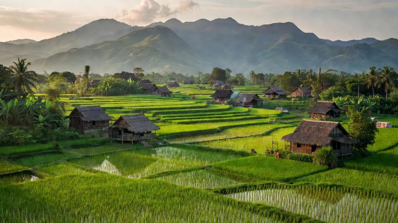 Cảnh sắc xanh tươi của Đăk Song, Kông Chro, Gia Lai với ruộng lúa và nhà ở truyền thống.