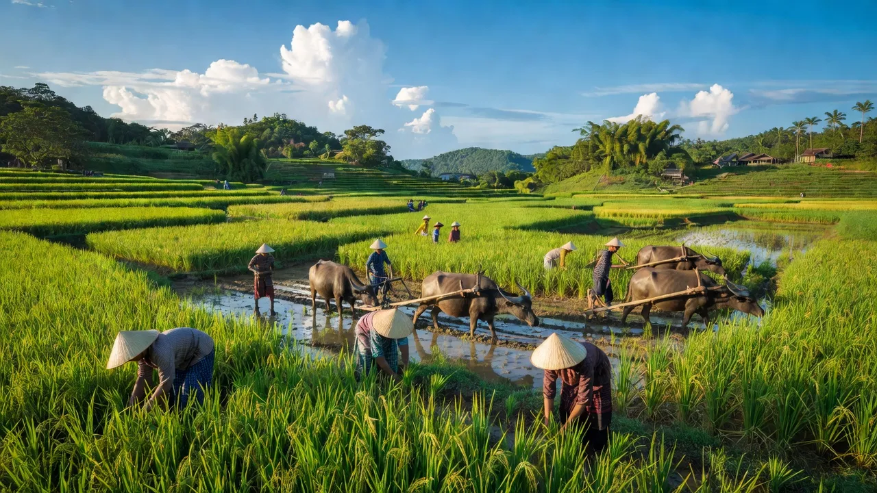 Khung cảnh xã Đăk Song, huyện Kông Chro, tỉnh Gia Lai với cánh đồng lúa xanh mướt.